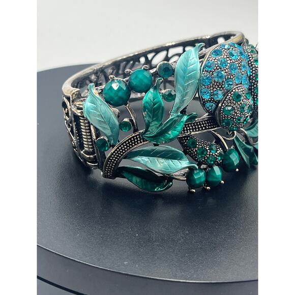 Panda Blue Green Enamel Rhinestone Crystals Hinged Animal Theme Bangle - Picture 4 of 7